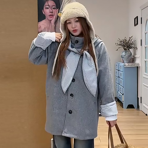 学院风可拆卸帽子格纹毛呢外套女