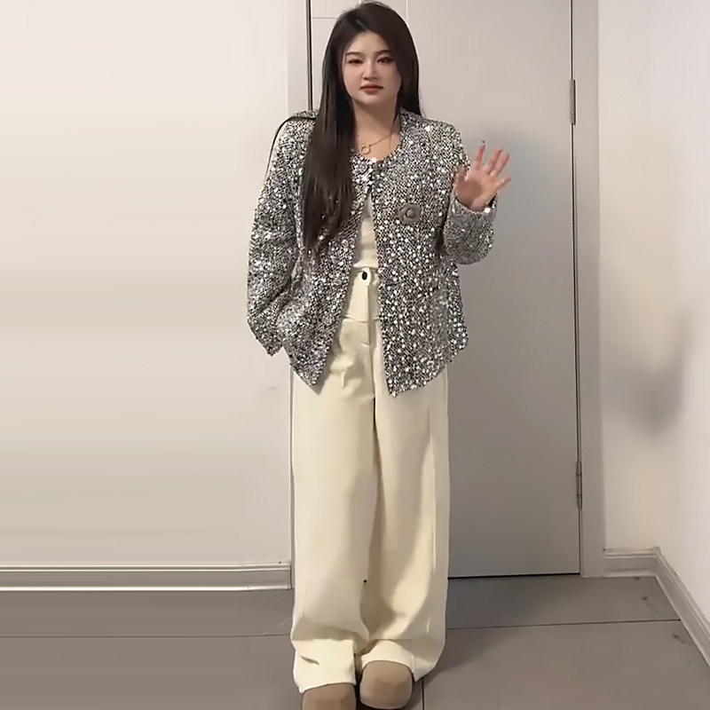 亮片小香风外套休闲直筒阔腿裤胖mm2024秋季新款显瘦宽松大码女装,女装/女士精品,大码套装,淘宝优惠券,粉丝福利购,淘宝优惠卷