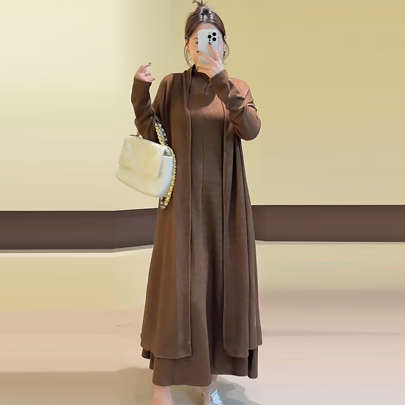 慵懒风高领连衣裙长款开衫外套潮