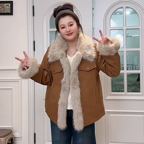 美式复古毛毛拼接棉服休闲外套潮