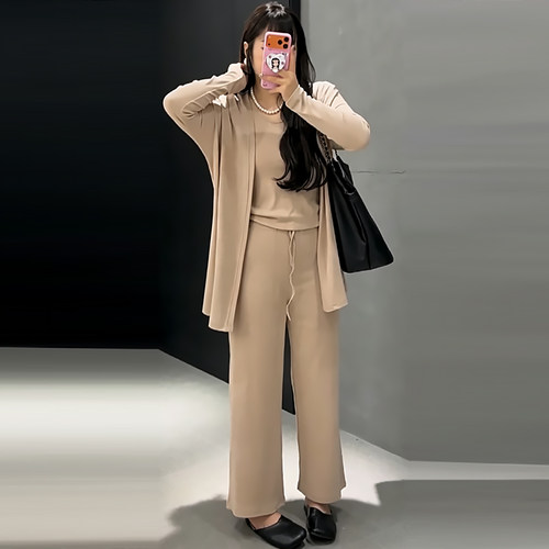 韩系中长开衫外套背心裤子三件套
