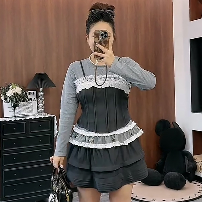叠穿花边打底衫吊带背心半身裙胖mm2026春冬新款显瘦宽松大码女装,女装/女士精品,大码套装,淘宝优惠券,粉丝福利购,淘宝优惠卷