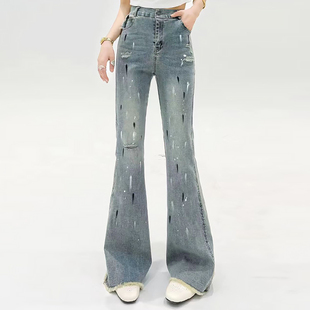 休闲女裤 女装 胖mm2026春季 宽松显瘦大码 款 喷染手绘涂鸦高弹牛仔裤