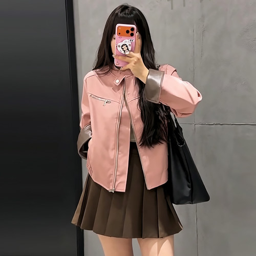 美式复古PU皮衣外套百褶裙裤子潮