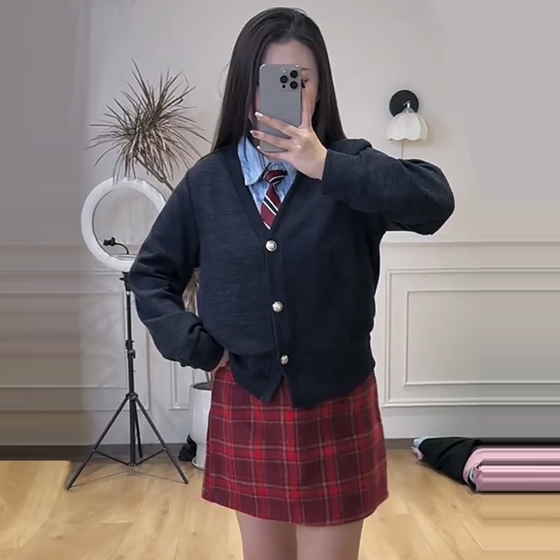 学院风外搭条纹衬衫格子半身裙潮