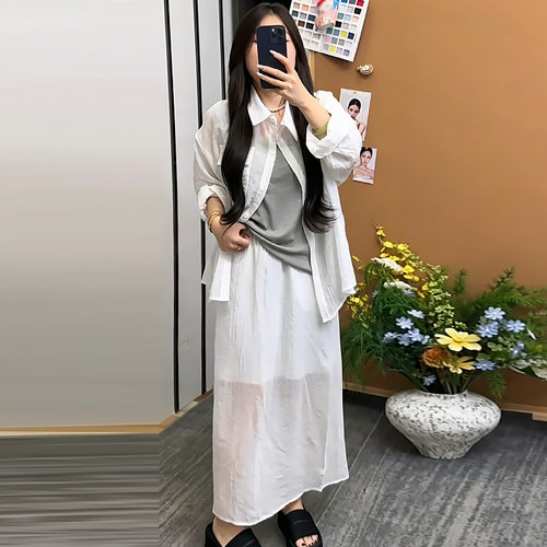 休闲衬衫抽绳半身裙背心三件套装
