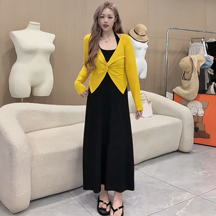 纽结长袖上衣挂脖连衣裙子套装胖mm2026春季新款显瘦宽松大码女装