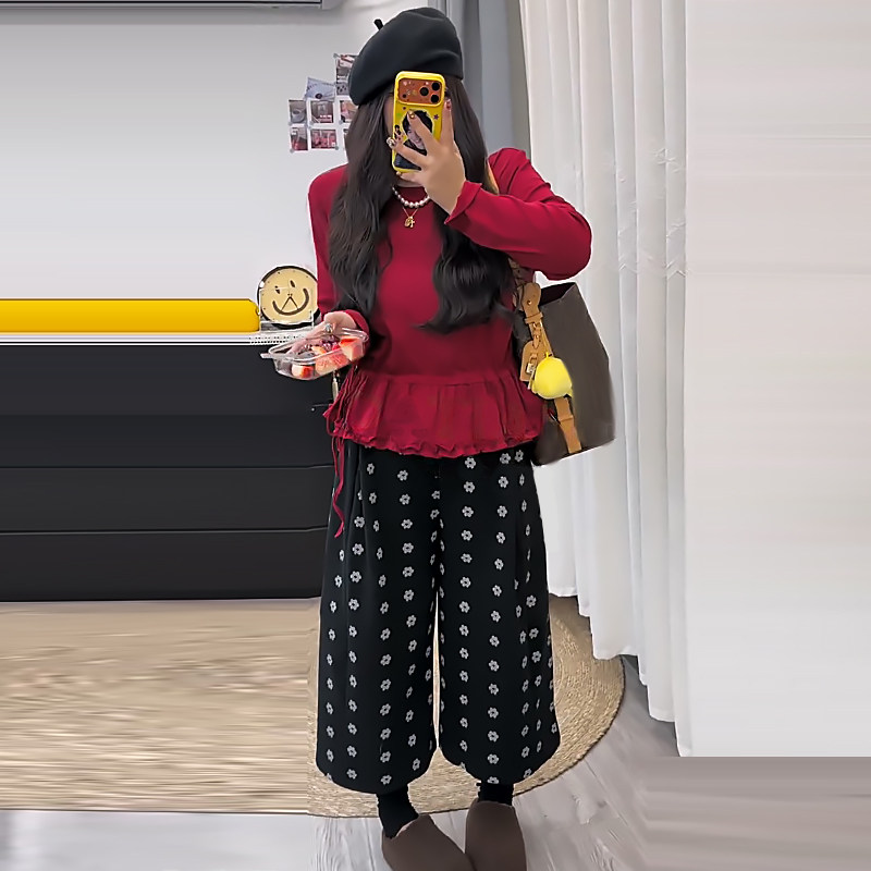 花边抽绳上衣小花毛呢八分裤弯刀裤胖mm2026春冬显瘦宽松大码女装,女装/女士精品,大码套装,淘宝优惠券,粉丝福利购,淘宝优惠卷