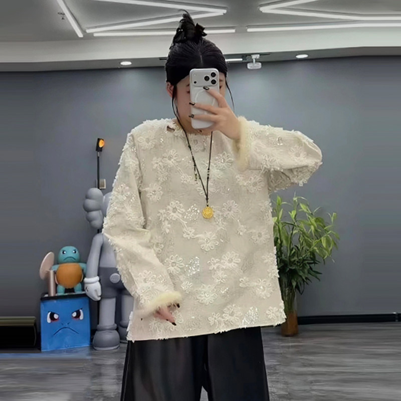 镂空设计毛毛袖口亮片花朵上衣胖mm2025冬季新款宽松大码显瘦女装,女装/女士精品,大码内搭,淘宝优惠券,粉丝福利购,淘宝优惠卷