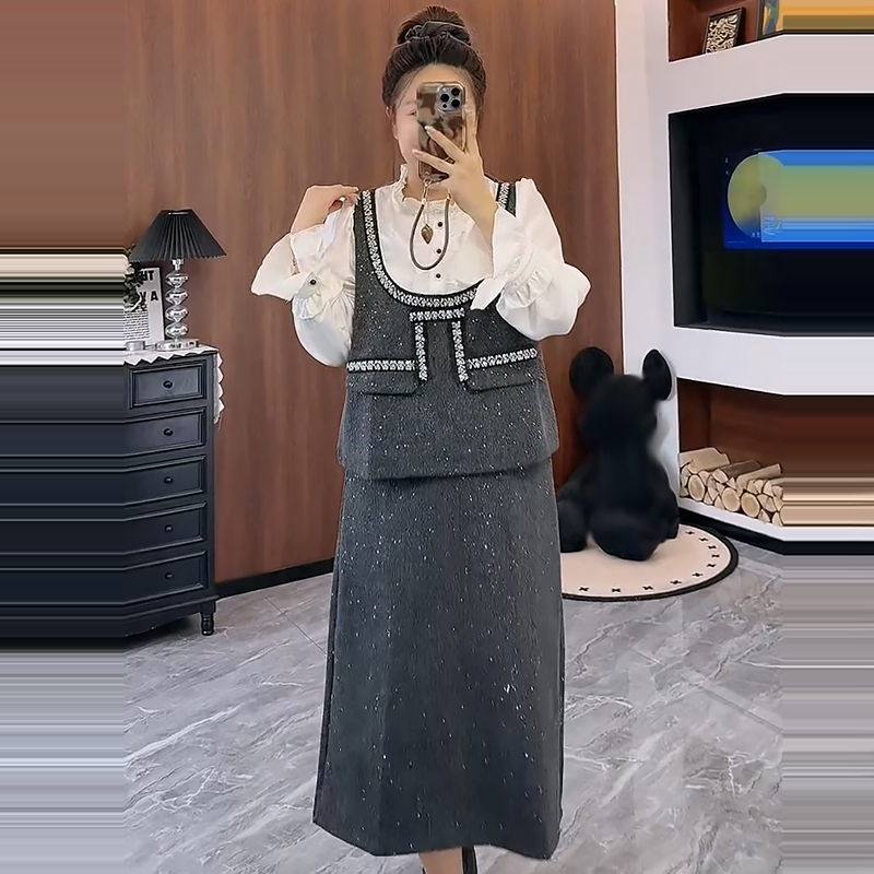 亮闪拼接假两件上衣半身裙套装潮