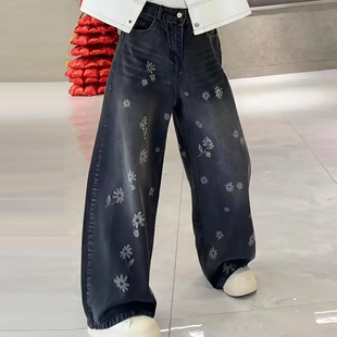 百搭花朵高腰牛仔裤子休闲女裤胖mm2026春季新款宽松显瘦大码女装