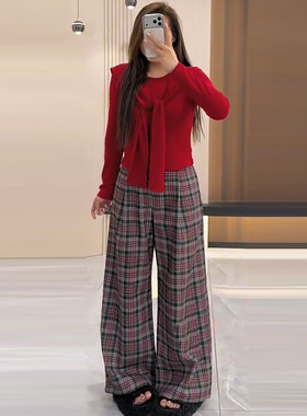 氛围感披肩打底衫时尚格子女裤子