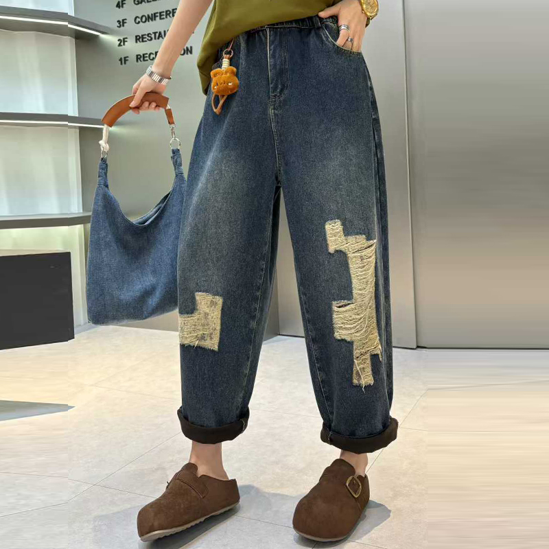 做旧破洞高腰休闲女裤子牛仔裤潮