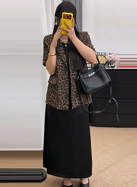 复古风短袖豹纹西服外套半身裙子