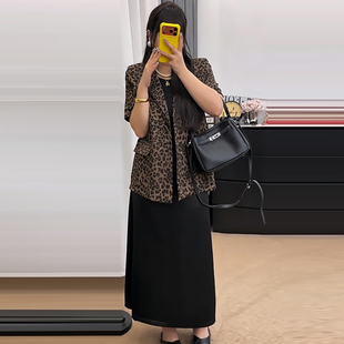 复古风短袖豹纹西服外套半身裙胖mm2026夏季新款显瘦宽松大码女装