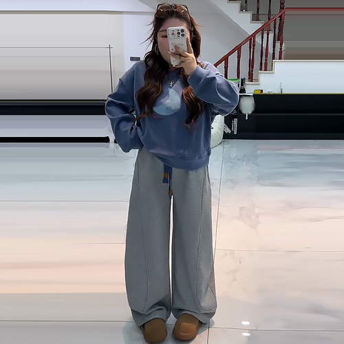 韩系月亮印花加绒卫衣加厚弯刀裤