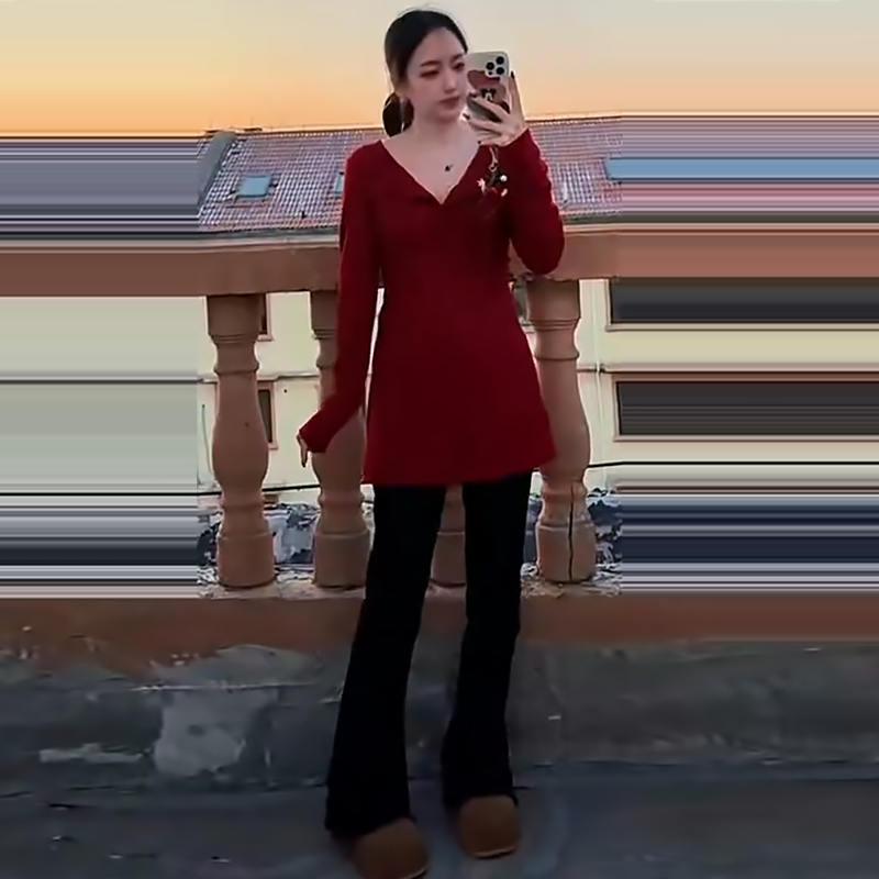 半开领磨毛打底衫裙牛仔马蹄裤女