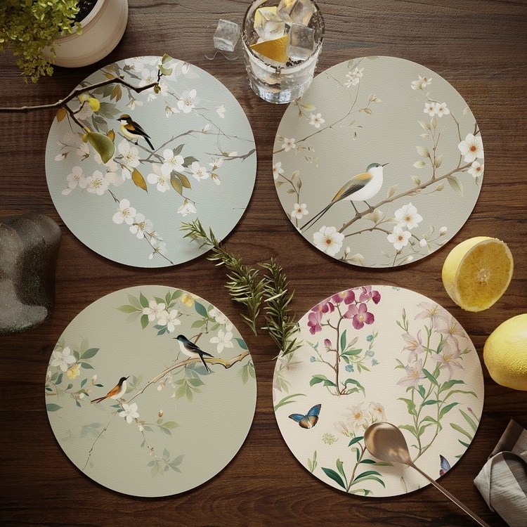 清新花鸟餐桌隔热垫圆形小餐垫免洗防水防油碗垫盘垫水杯垫子,居家布艺,餐垫,淘宝优惠券,粉丝福利购,淘宝优惠卷
