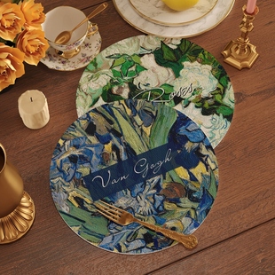 梵高花卉油画杯垫圆形餐垫防水防油皮革隔热垫氛围感西餐垫美式复