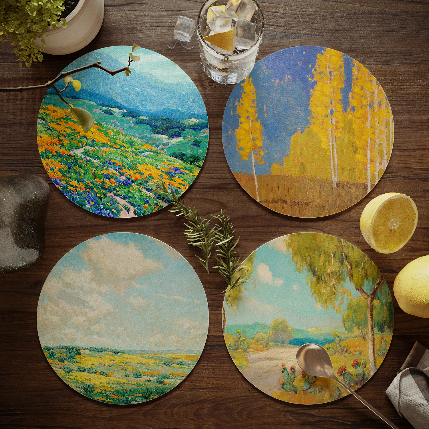 雷蒙德油画餐桌隔热垫圆形小餐垫免洗防水防油碗垫盘垫水杯垫子