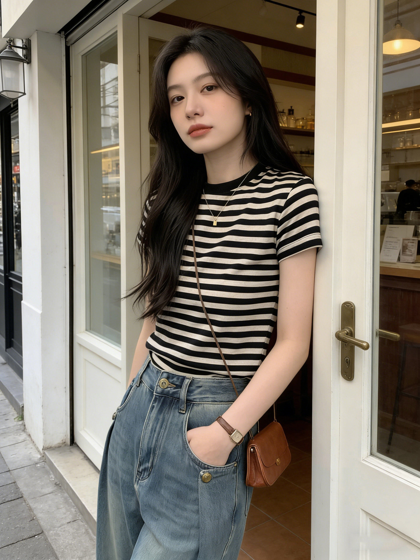 黑白条纹短袖T恤女夏季2026新款爆款正肩体恤修身半袖短款上衣服