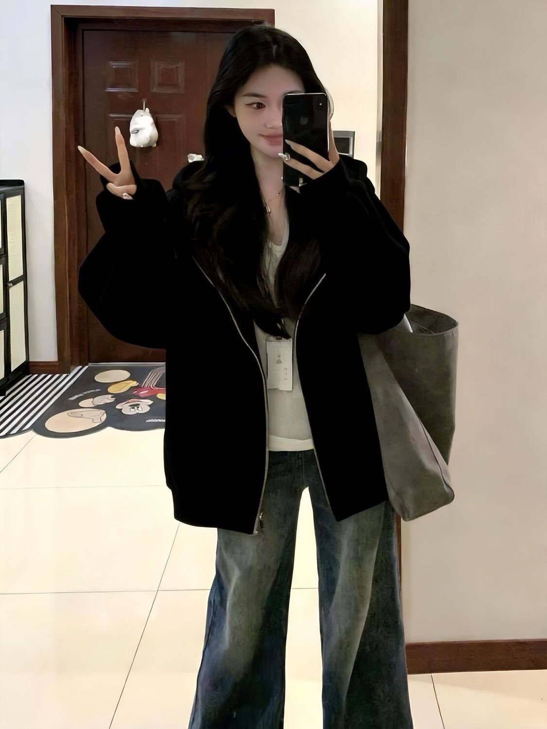 美式黑色开衫连帽衫卫衣女春秋宽松百搭慵懒风加绒开衫外套潮ins