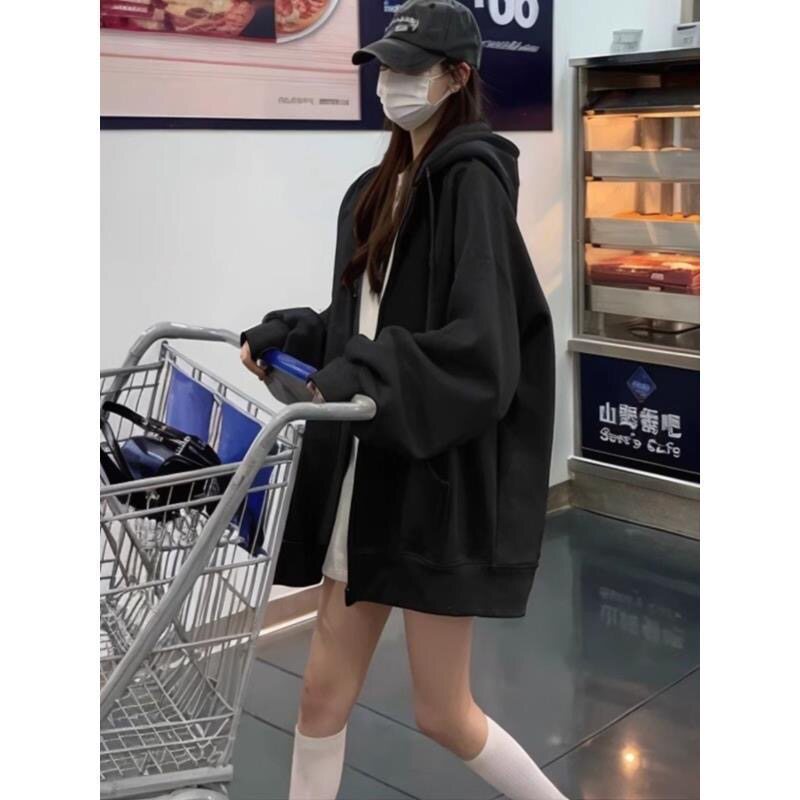 美式慵懒风开衫连帽衫卫衣女春秋宽松百搭休闲加绒开衫外套潮ins