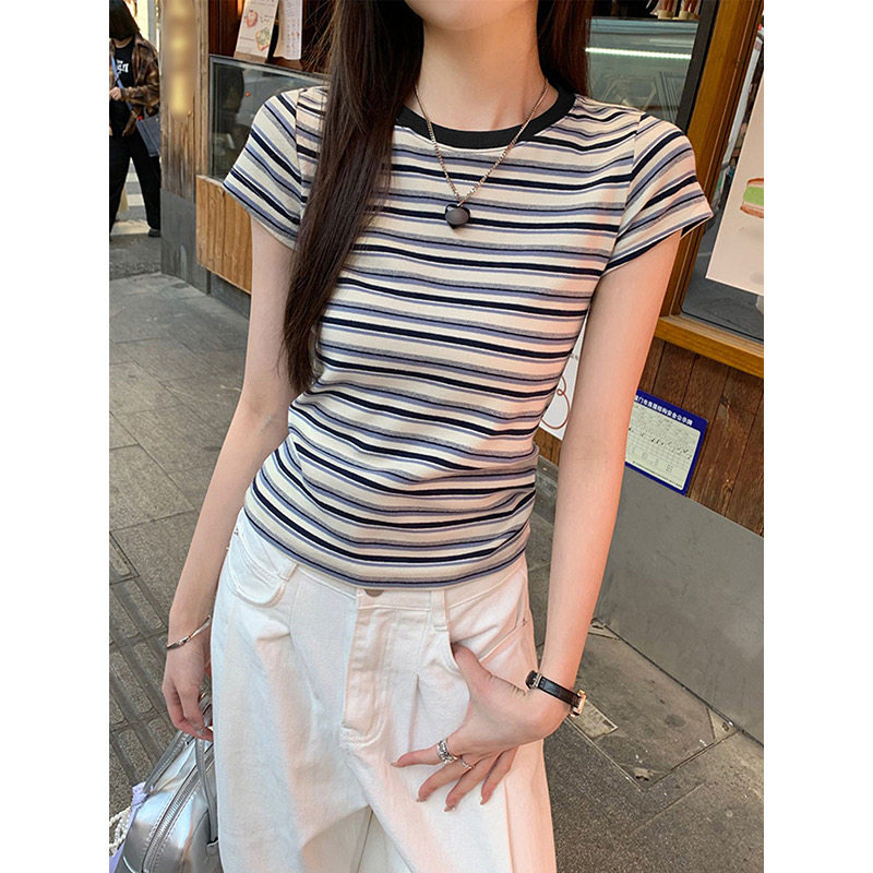 纯棉独特超好看单穿条纹正肩短袖T恤女夏季2026新款修身显瘦上衣