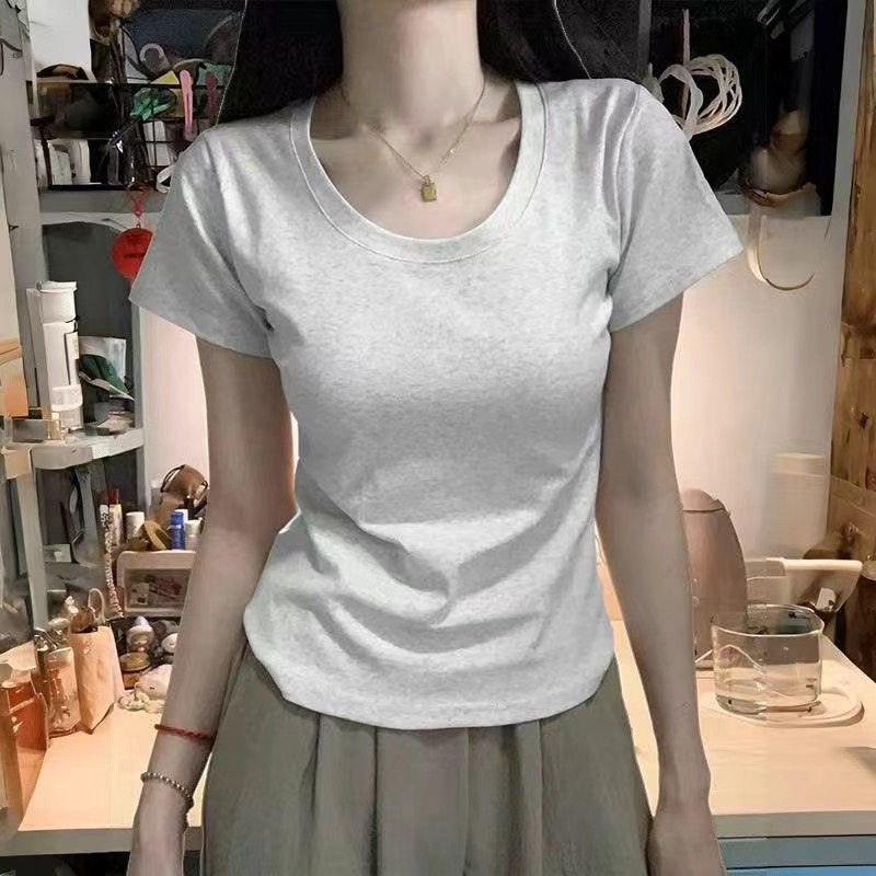 纯棉v领短袖t恤女正肩修身显瘦夏季设计感小众抽褶收腰短款小上衣