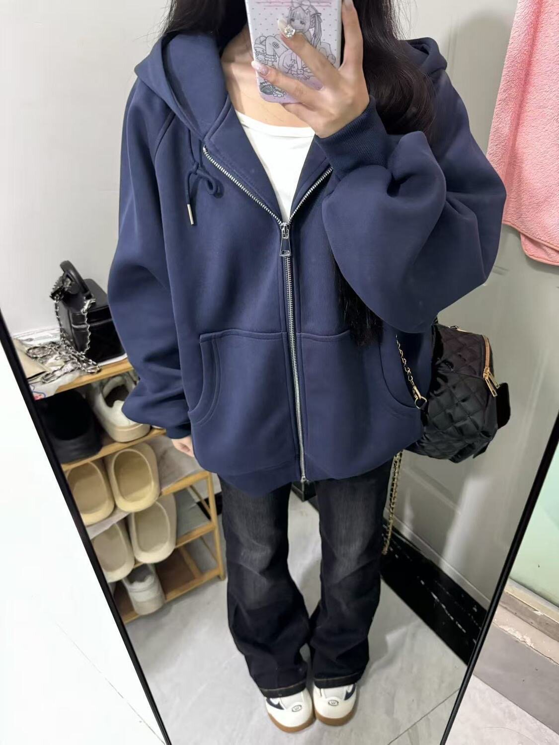 美式慵懒风开衫连帽衫卫衣女春秋宽松百搭学生加绒开衫外套潮ins