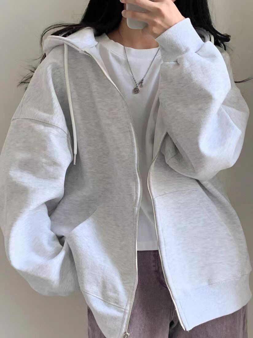 美式百搭开衫连帽衫卫衣男女春秋宽松慵懒休闲加绒拉链外套潮ins
