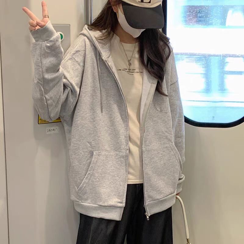 美式百搭开衫连帽衫卫衣男女春秋宽松慵懒休闲加绒拉链外套潮ins