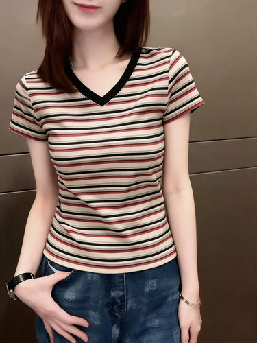 美式复古chic条纹T恤女夏季正肩撞色设计感薄款修身打底上衣短袖