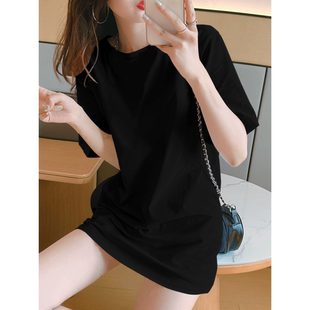 上衣遮屁股半袖 中长款 宽松纯黑色纯棉长款 t恤女夏季 遮臀体恤 短袖