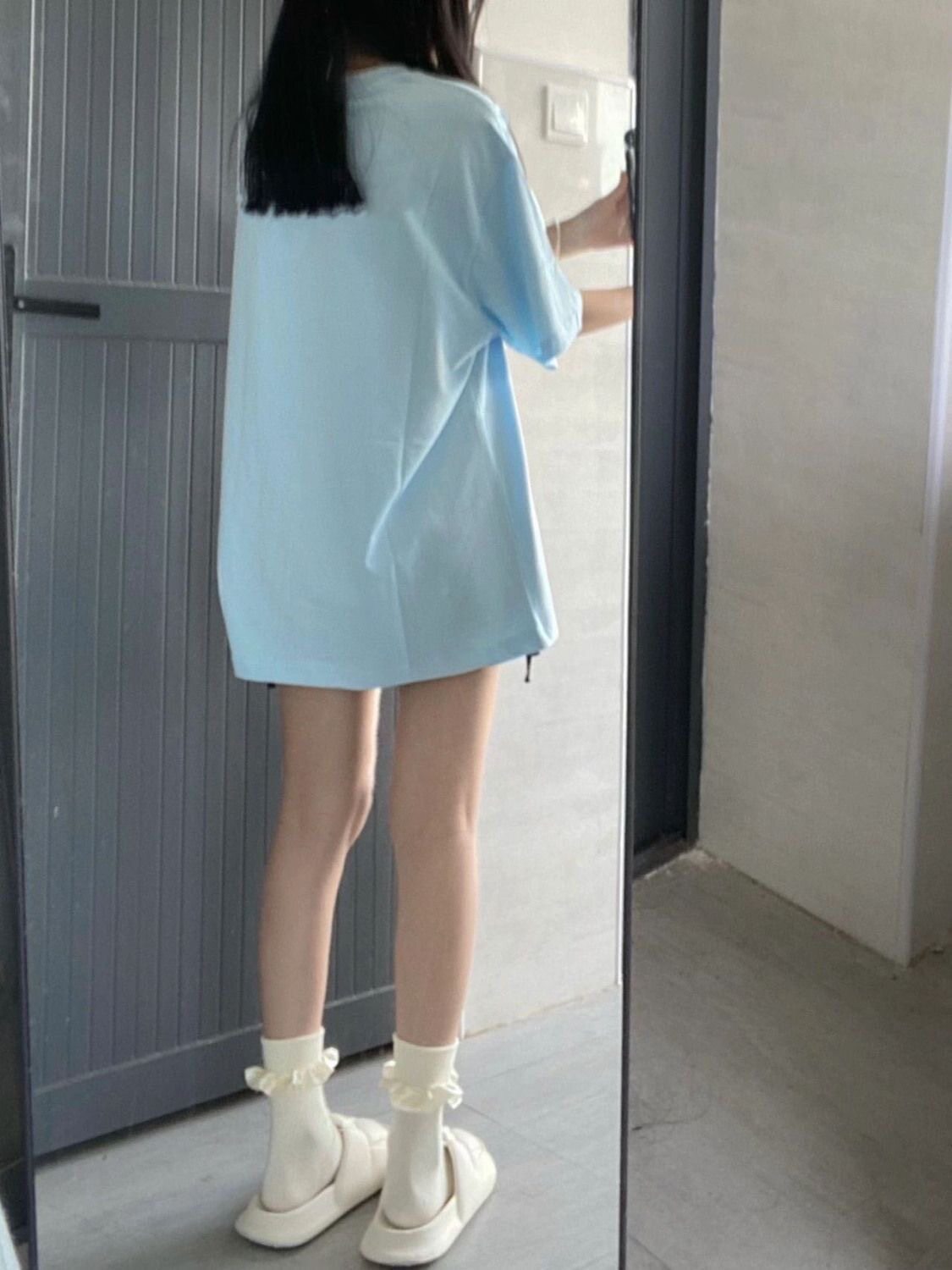 100重磅纯棉天蓝色短袖t恤男女学生夏季圆领宽松情侣上衣服中长款