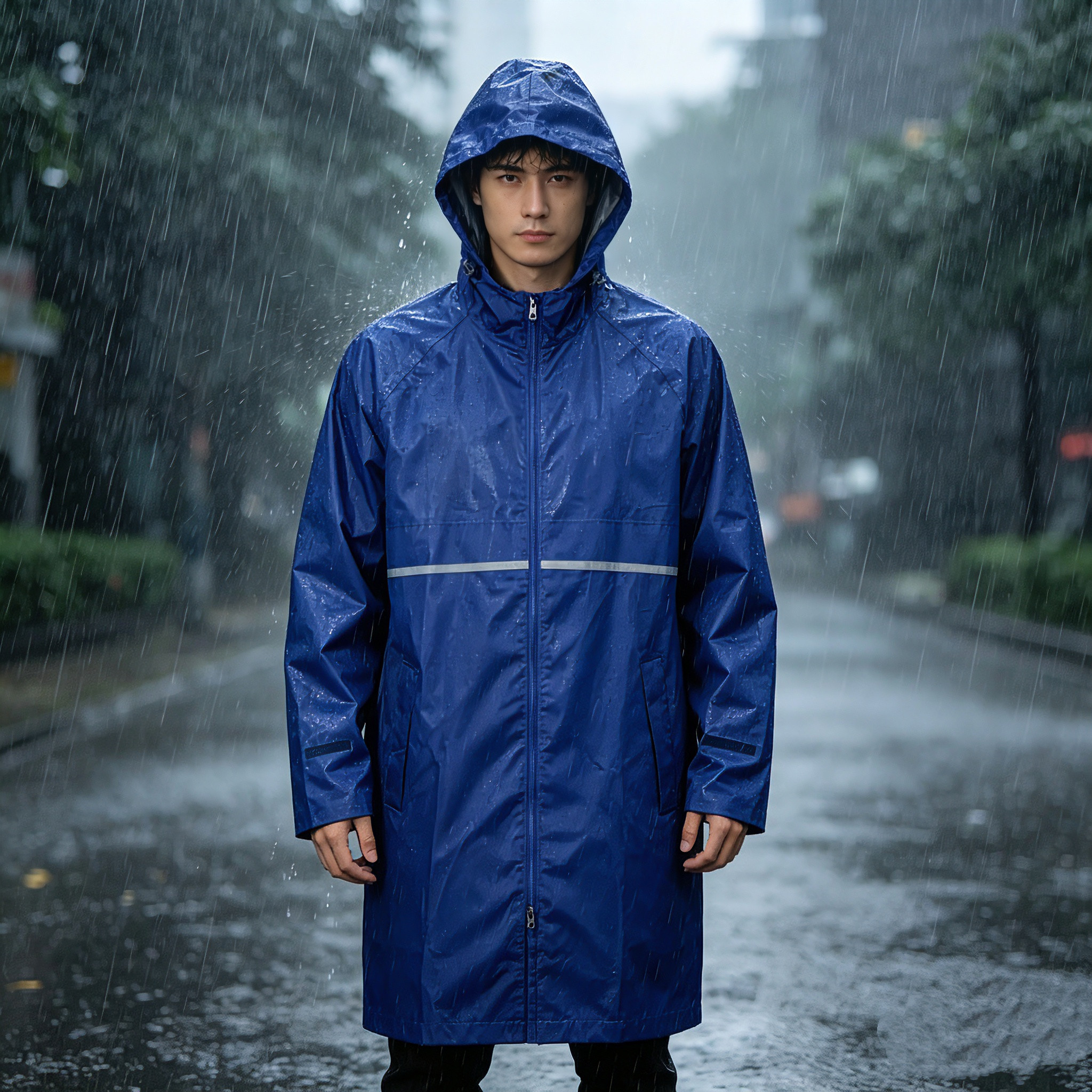 四季中长连帽长款雨衣男女情侣拉链反光条防雨外套透气有网衬里布