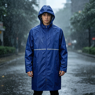 四季中长连帽长款雨衣男女情侣拉链反光条防雨外套透气有网衬里布