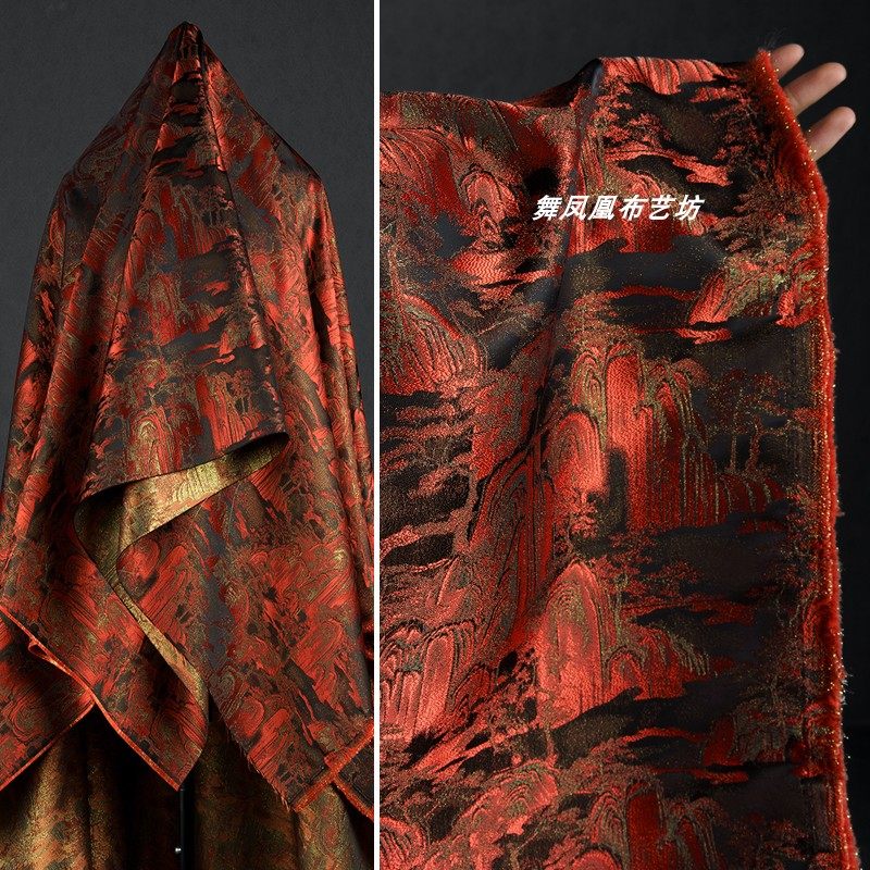 黑红色 山水风景织锦缎提花鎏金面料 双色复古外套马甲新中式布料,居家布艺,海绵垫/布料/面料/手工diy,淘宝优惠券,粉丝福利购,淘宝优惠卷