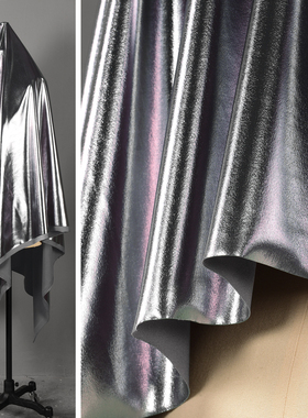 高级感双色灰紫色满版烫金仿皮面料 亮面氨纶四面弹力服装布料