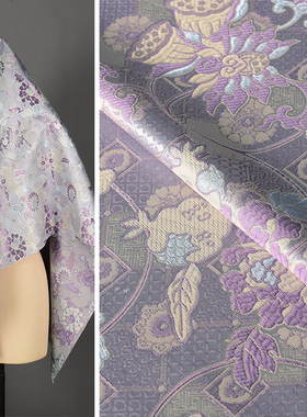 轻奢宋锦马甲织锦缎提花面料 紫色石榴牡丹纹理挺括裙子套装布料