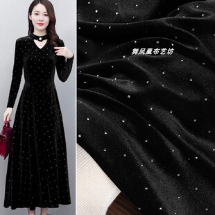 黑色 烫钻丝绒面料 钻石韩国绒礼服旗袍裤子柔软亲肤四面弹力布料