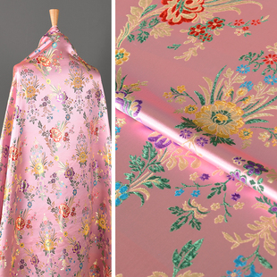 富贵海棠花织锦缎面料 高密粉色提花肌理旗袍上衣连衣裙丝绸布料