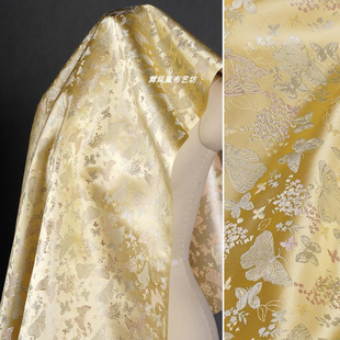 黄色 蝴蝶飞舞织锦缎提花面料 中式外套马甲宋锦丝滑光泽绸缎布料