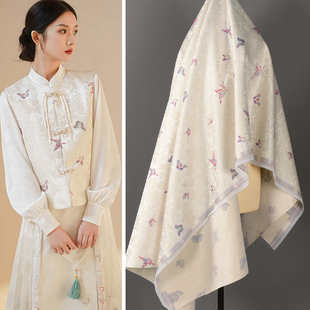 中式云锦剪花浮雕色织多彩蝴蝶织锦缎提花面料 米白色蝶恋花布料