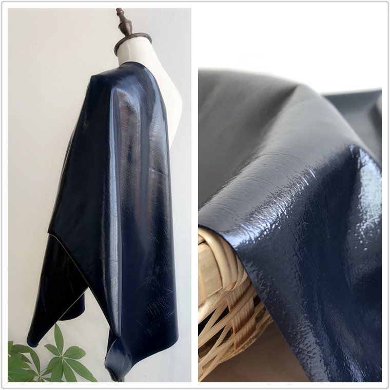 藏青蓝黑色肌理爆裂纹pu皮革面料亮光青蛙褶皱皮衣外套设计师布料