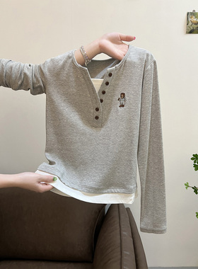 灰色假两件修身打底衫内搭T恤女2025新款韩系长袖早秋chic上衣