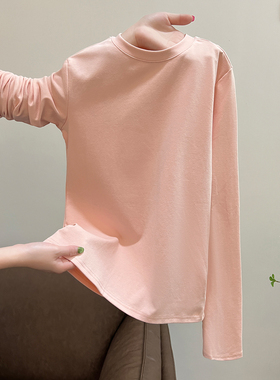粉色圆领修身长袖打底衫内搭长袖T恤女2025新款早秋chic别致上衣