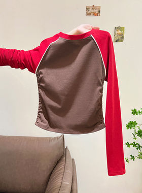 美式复古插肩长袖t恤女春秋短款修身紧身早秋内搭打底衫拼色上衣