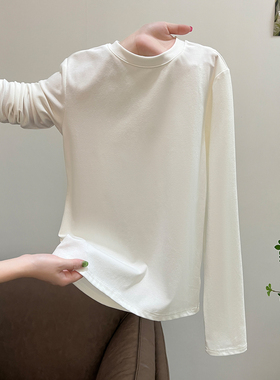 白色圆领修身打底衫长袖T恤2025新款气质女士早秋chic别致上衣