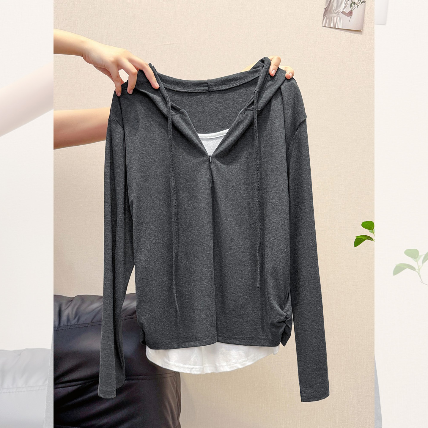灰色连帽假两件长袖女T恤韩系